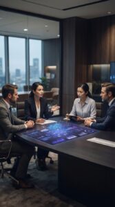 Executivos em reunião analisando dados projetados de tecnologia.