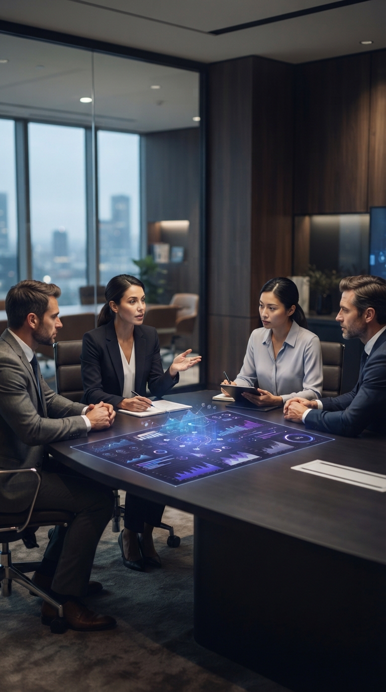 Executivos em reunião analisando dados projetados de tecnologia.