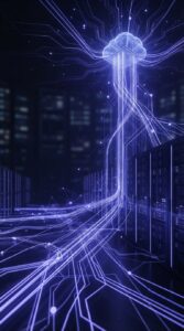 Representação abstrata de computação em nuvem e fluxos de dados.