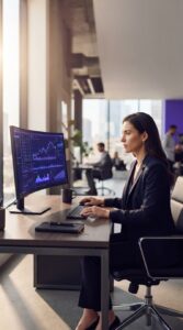 Ambiente de escritório corporativo com foco em dados financeiros em monitores.