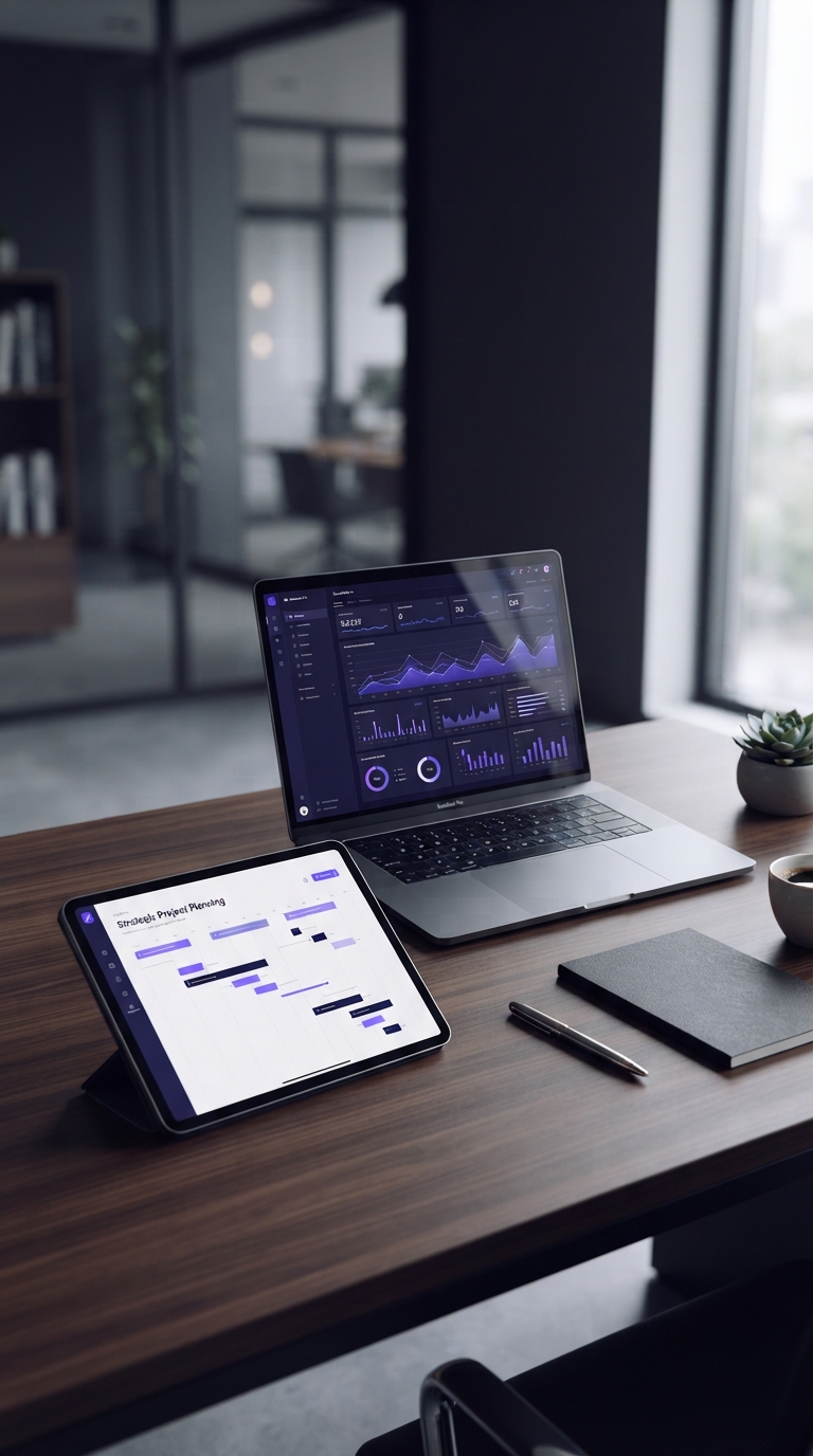 Mesa de escritório moderna com notebook e tablet exibindo dashboards de dados.