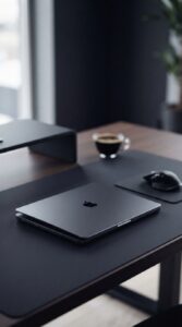 Laptop em mesa moderna focando em hardware local.