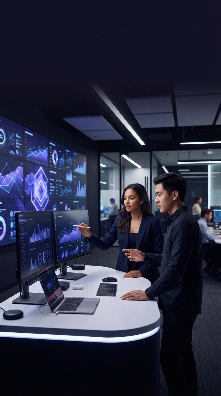 Ambiente de trabalho tecnológico e moderno com foco em inovação digital.