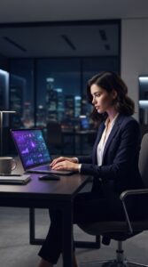 Pessoa utilizando um notebook em um ambiente de escritório moderno com foco em tecnologia e segurança.