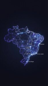 Mapa do Brasil iluminado por conexões digitais em um ambiente corporativo moderno.