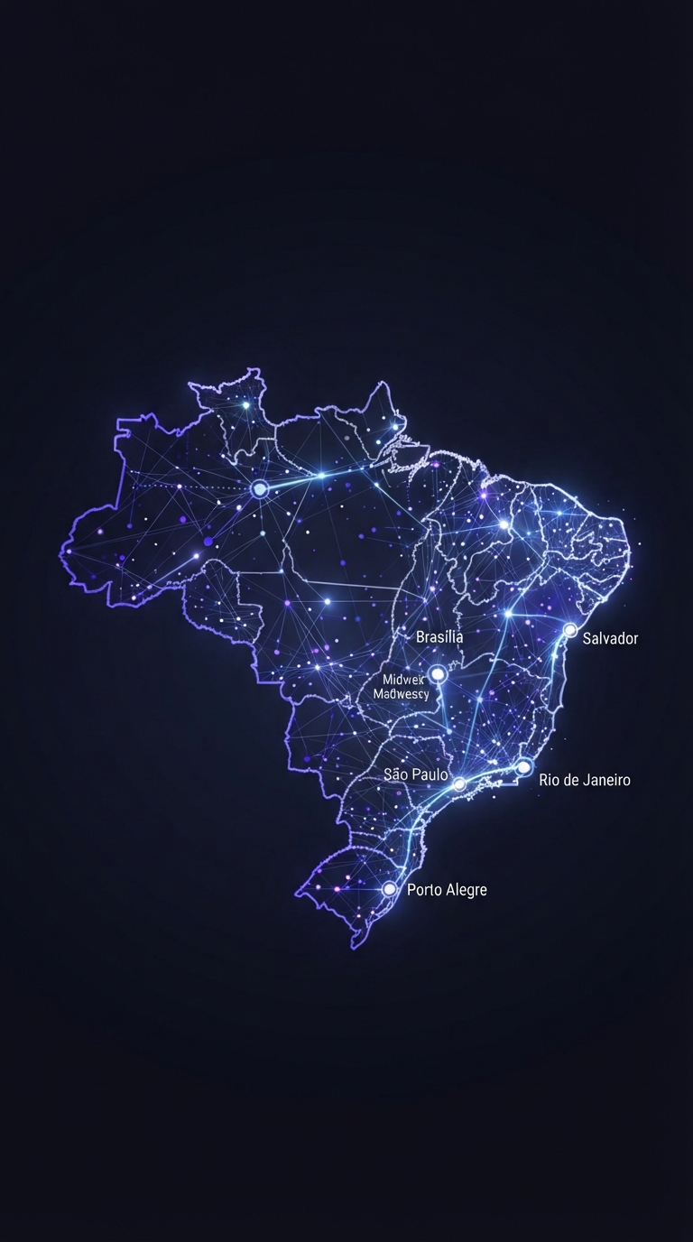 Mapa do Brasil iluminado por conexões digitais em um ambiente corporativo moderno.