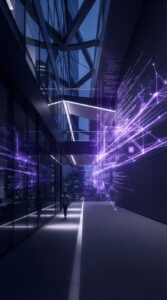 Arquitetura moderna de escritórios integrada a fluxos de dados digitais.