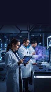 Cientistas em laboratório de alta tecnologia com interfaces digitais.