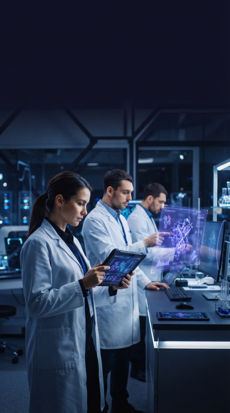 Cientistas em laboratório de alta tecnologia com interfaces digitais.