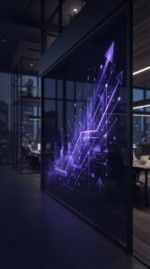 Abstração de crescimento empresarial e dados digitais em escritório moderno.