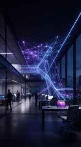 Conceito visual de arquitetura digital e fluxo de dados em ambiente corporativo moderno.
