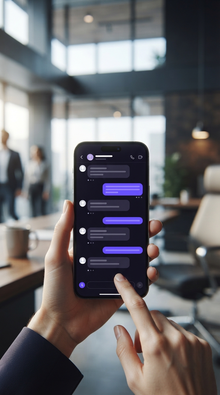 Smartphone com interface de chat de IA em ambiente corporativo.