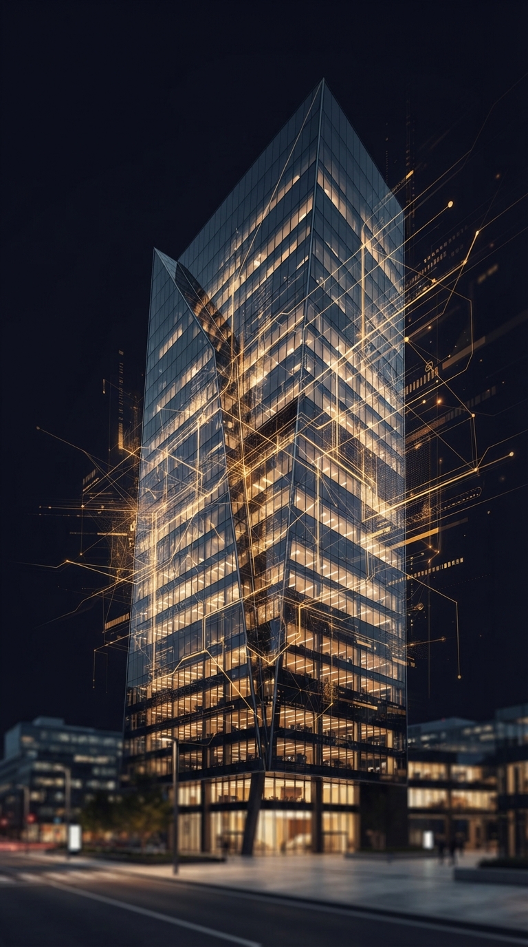 Arquitetura corporativa moderna com sobreposição de dados digitais.
