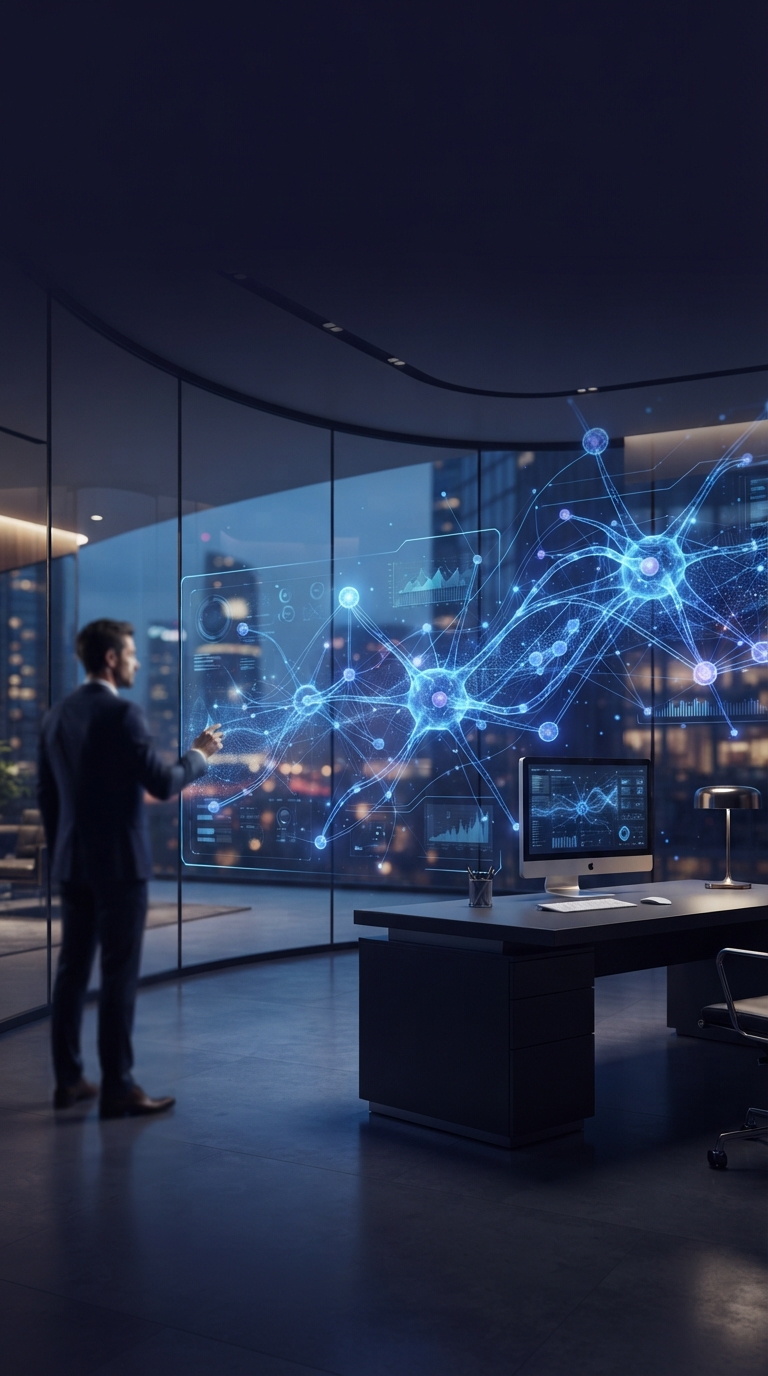 Estrutura abstrata de rede neural digital em ambiente tecnológico.