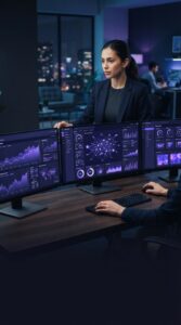 Monitores exibindo análise de dados e gráficos de tecnologia em um escritório moderno.