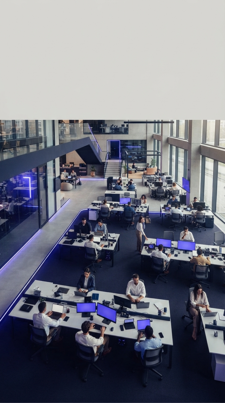 Visão aérea de um escritório corporativo moderno com funcionários trabalhando em computadores.