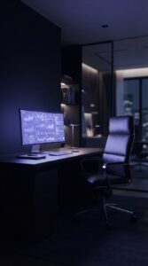 Cadeira executiva vazia em escritório moderno com luz de tela de computador.