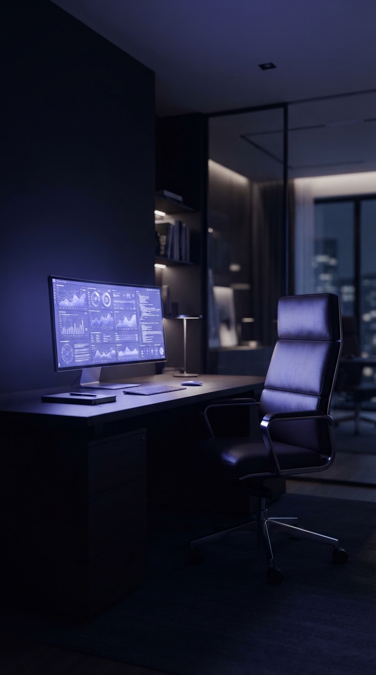 Cadeira executiva vazia em escritório moderno com luz de tela de computador.
