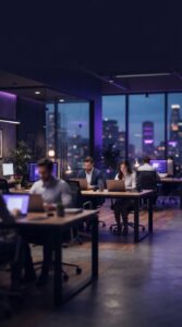 Ambiente corporativo moderno com profissionais em estações de trabalho