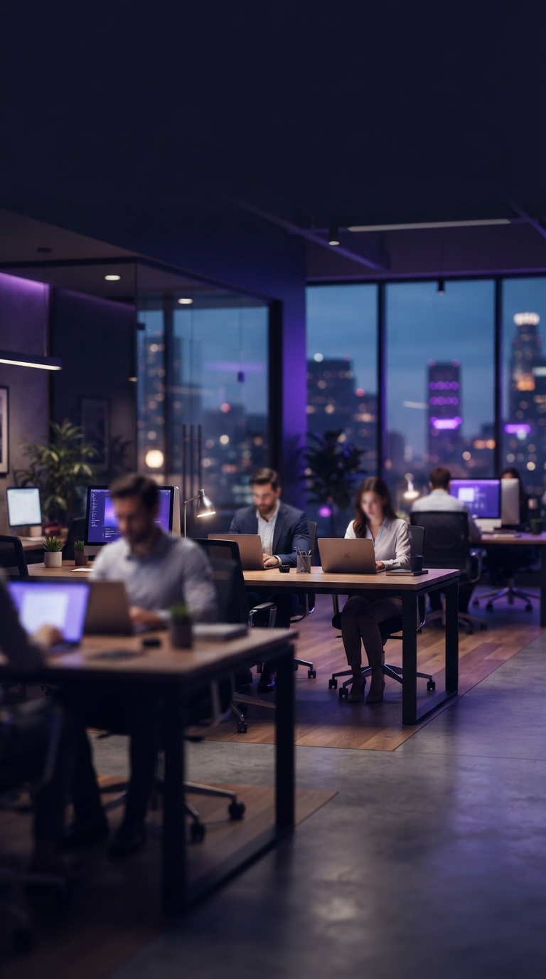 Ambiente corporativo moderno com profissionais em estações de trabalho