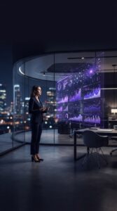 Interior de escritório moderno com visualização de dados digitais.