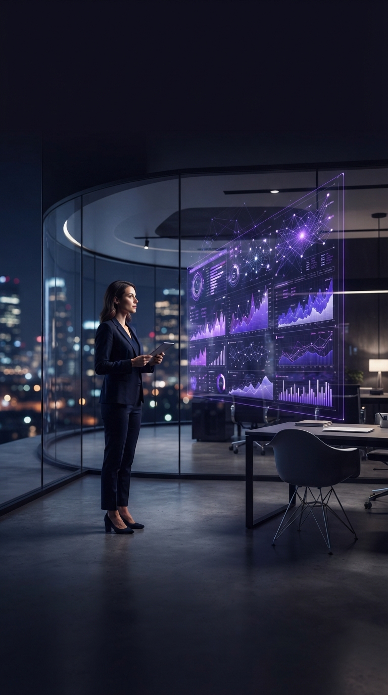Interior de escritório moderno com visualização de dados digitais.