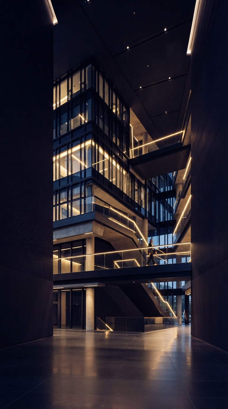 Arquitetura corporativa moderna com iluminação dourada representando investimento.