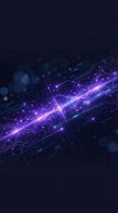 Representação abstrata de ondas sonoras digitais e dados em um ambiente corporativo.