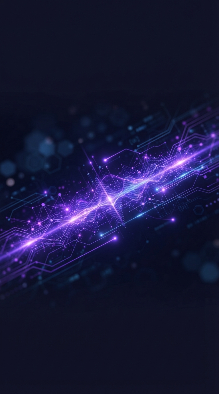 Representação abstrata de ondas sonoras digitais e dados em um ambiente corporativo.