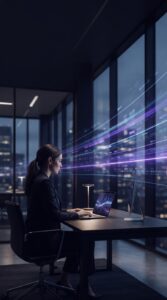 Cenário corporativo moderno com elementos visuais de dados digitais.