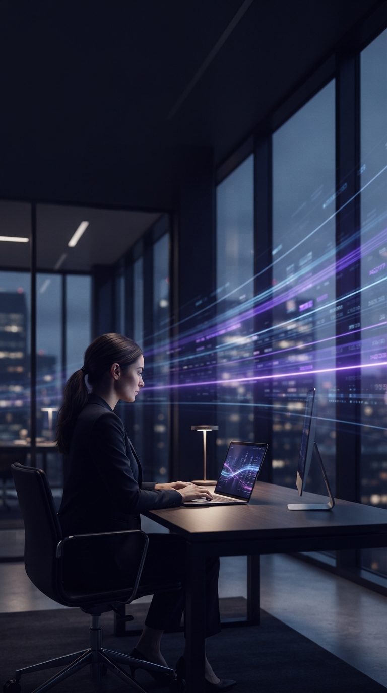 Cenário corporativo moderno com elementos visuais de dados digitais.