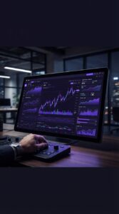 Terminal de computador exibindo painéis de análise de dados financeiros e métricas de mercado.