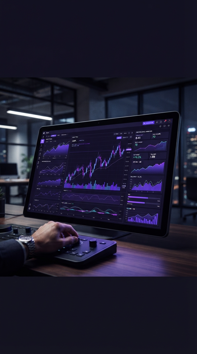 Terminal de computador exibindo painéis de análise de dados financeiros e métricas de mercado.