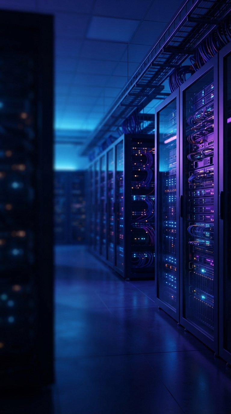 Servidores de um data center moderno com iluminação azul.