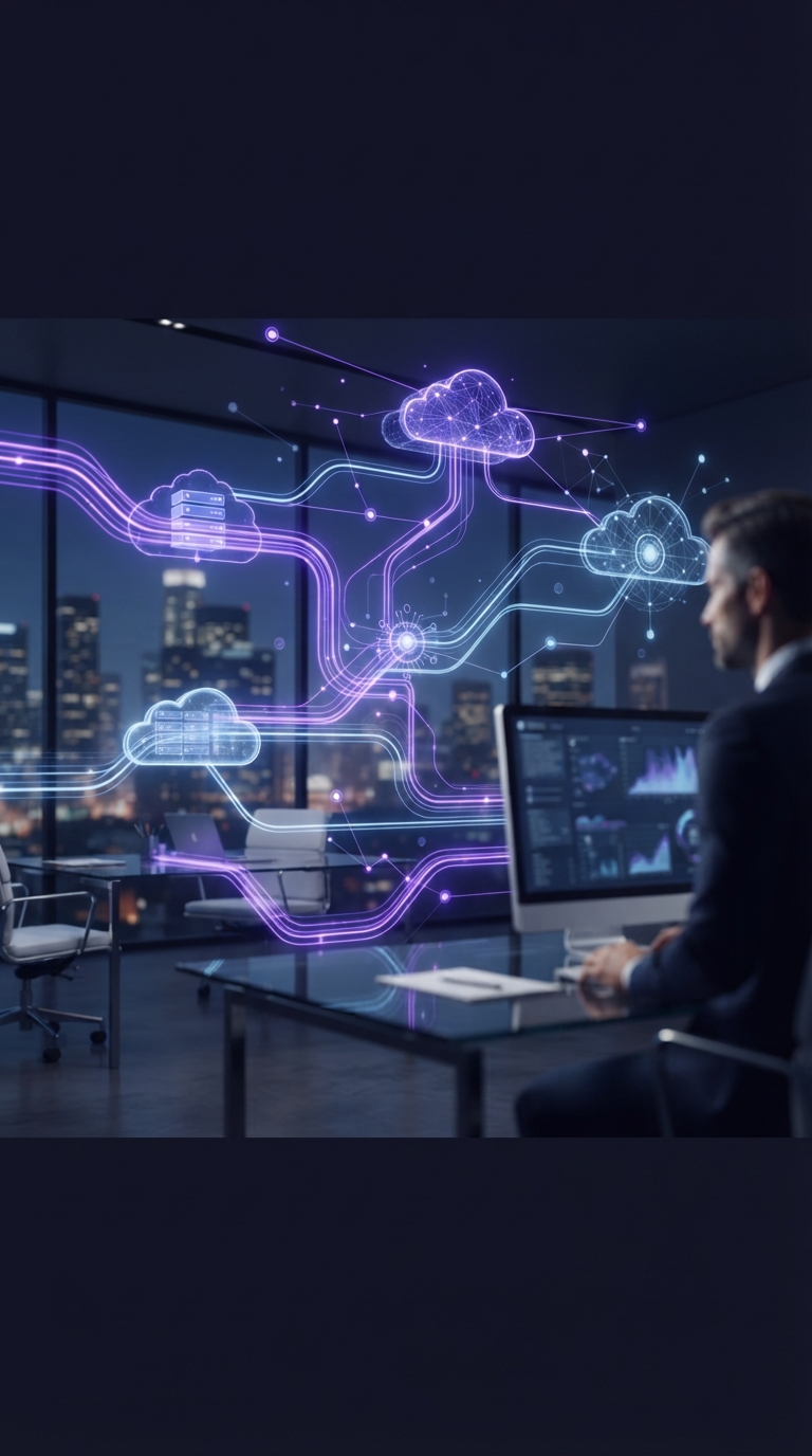 Representação abstrata de fluxo de dados e computação em nuvem em um ambiente corporativo.
