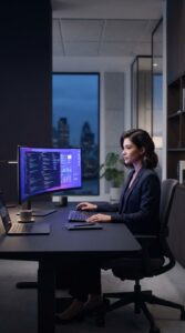 Espaço de trabalho corporativo moderno e iluminado.