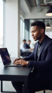 Profissional trabalhando em um escritório moderno olhando para o laptop.