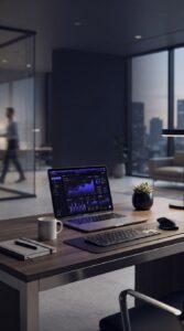 Computador em mesa de escritório com análise de dados.