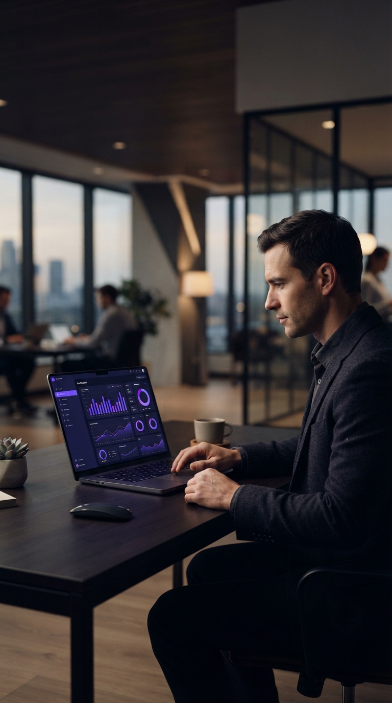 Computador em ambiente de escritório profissional exibindo painel de dados.