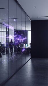 Escritório corporativo moderno com elementos gráficos de dados digitais.