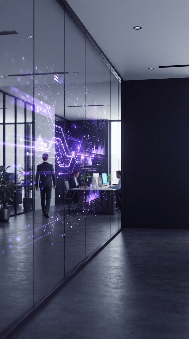 Escritório corporativo moderno com elementos gráficos de dados digitais.