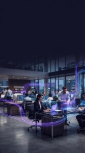 Representação digital e abstrata de fluxo de dados em ambiente corporativo moderno.
