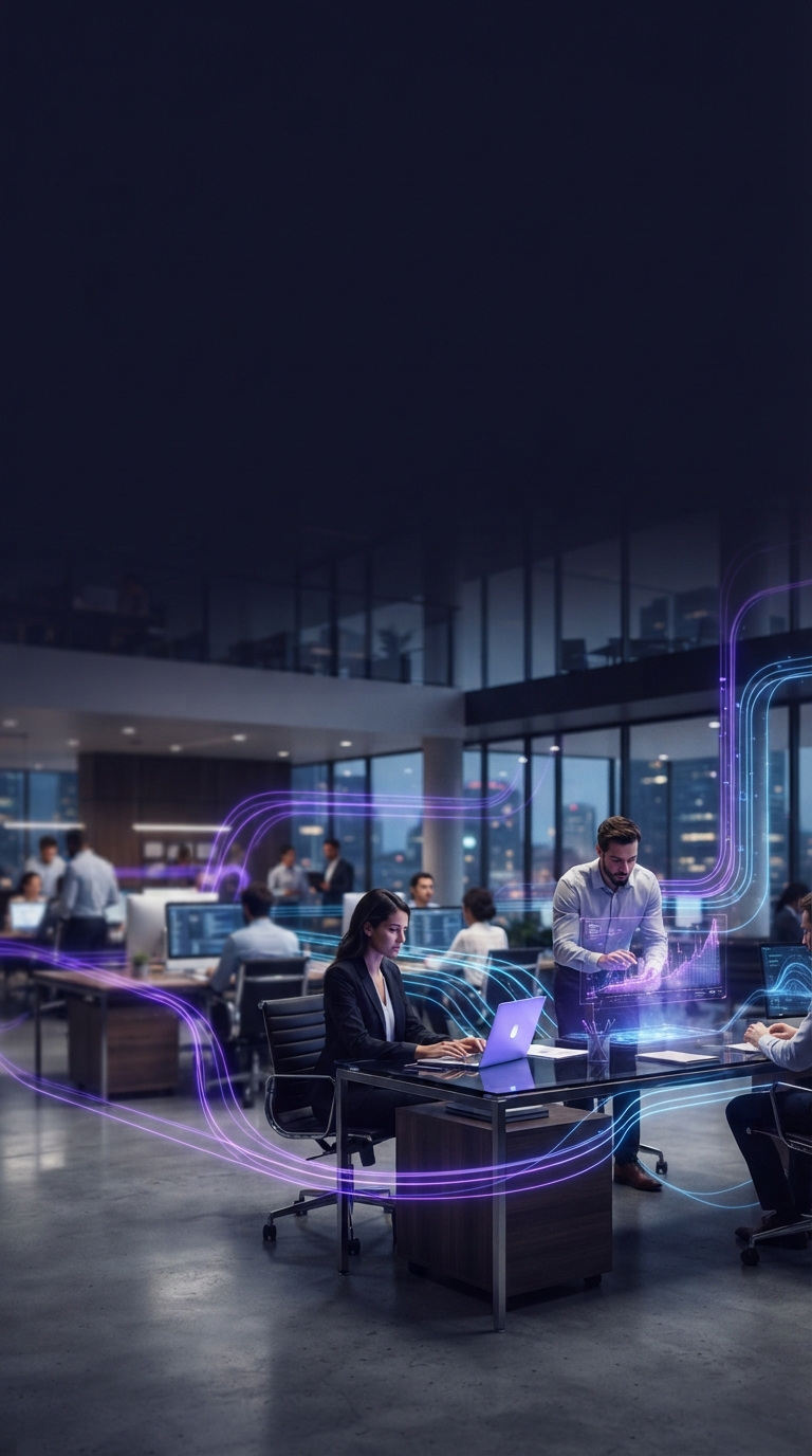 Representação digital e abstrata de fluxo de dados em ambiente corporativo moderno.