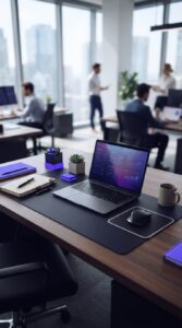 Mesa de escritório moderna e organizada em ambiente corporativo iluminado.