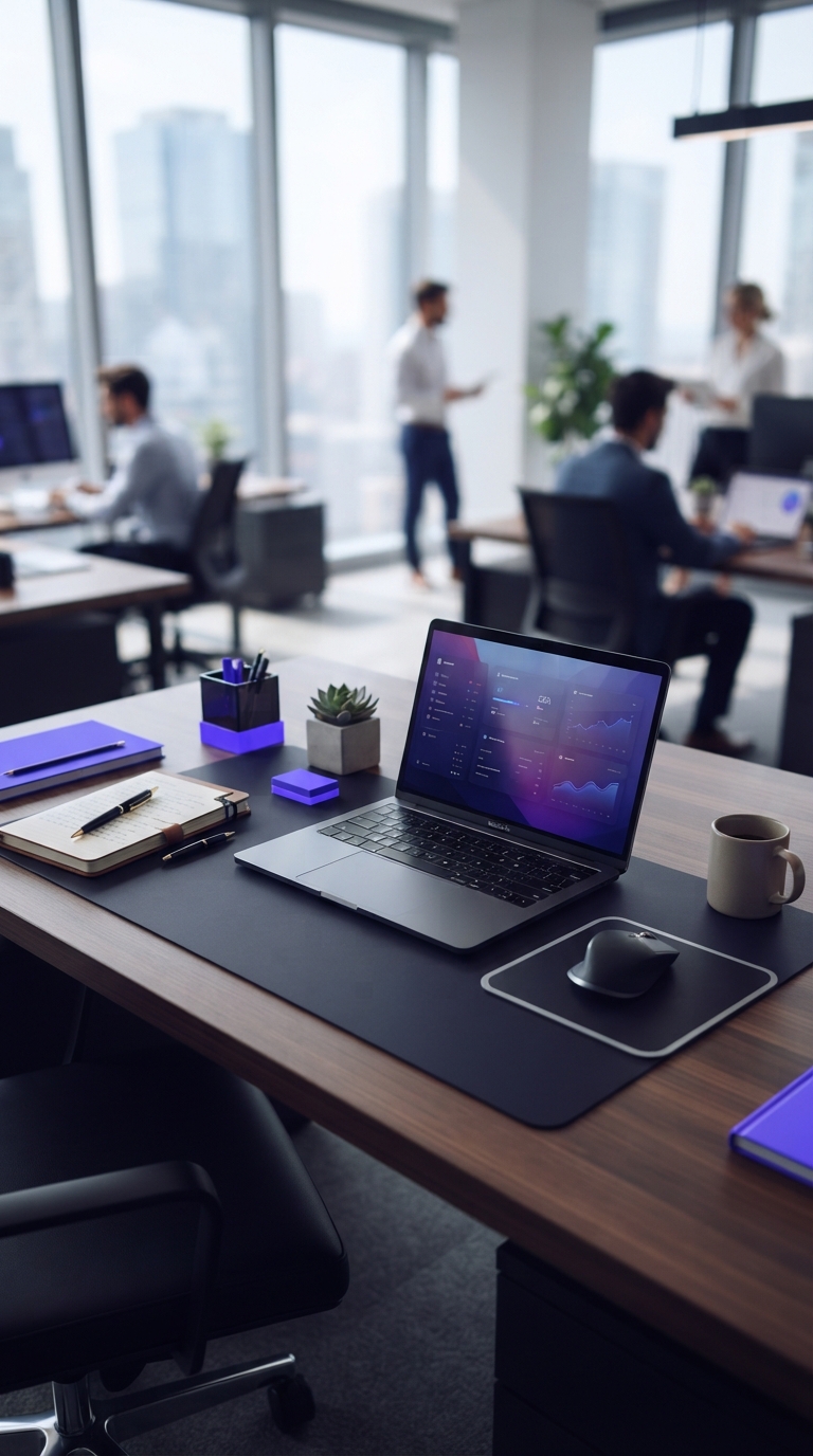 Mesa de escritório moderna e organizada em ambiente corporativo iluminado.