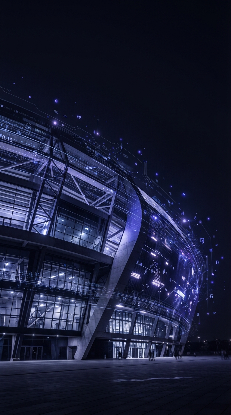 Estádio moderno de futebol iluminado à noite com visual de tecnologia.