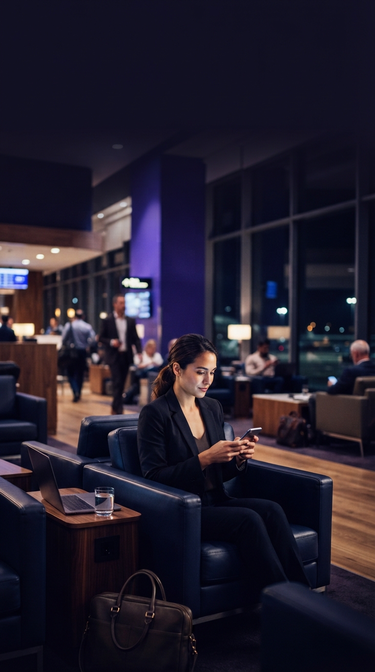 Pessoas em um saguão de aeroporto utilizando dispositivos móveis.
