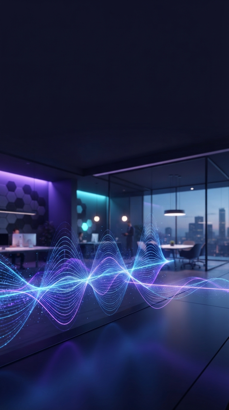 Ondas sonoras digitais em ambiente tecnológico escuro.