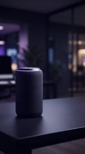 Dispositivo smart speaker em ambiente corporativo moderno.