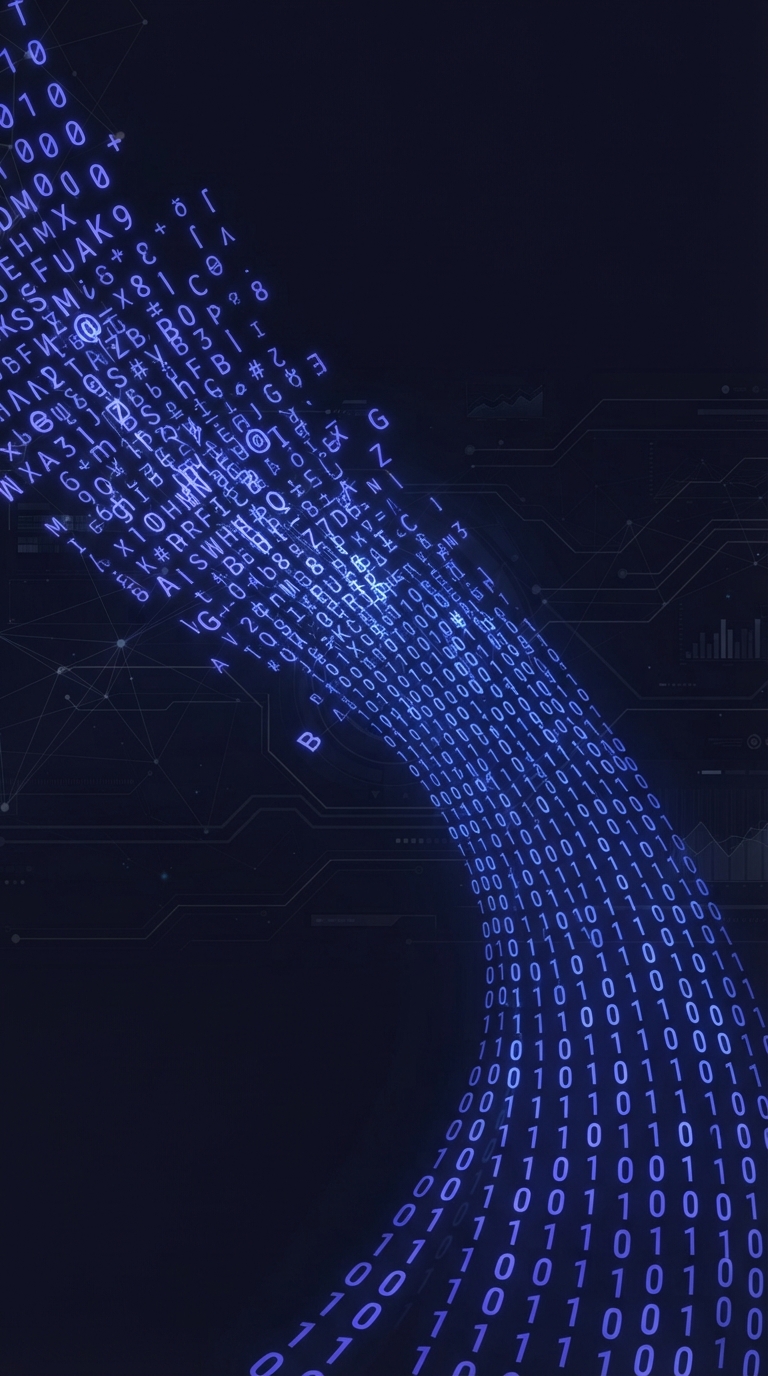 Representação digital de dados e caracteres alfanuméricos em um painel corporativo.